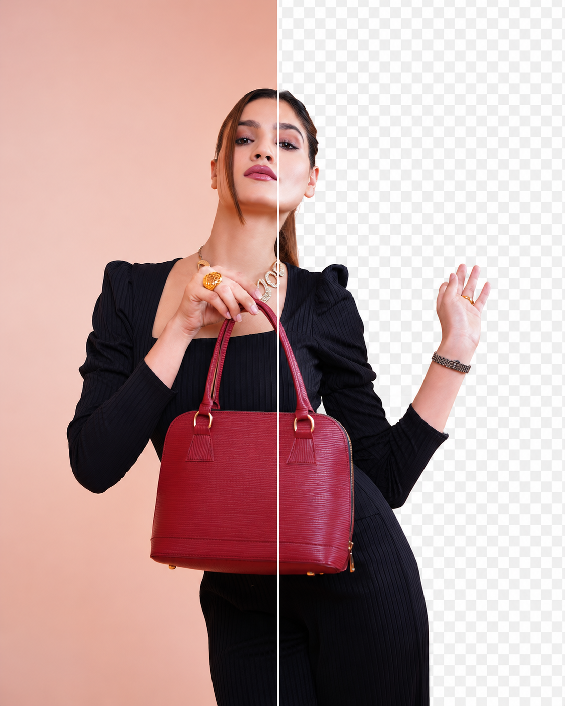 Portrait with a red bag, original set on one side and a transparent cutout on the other